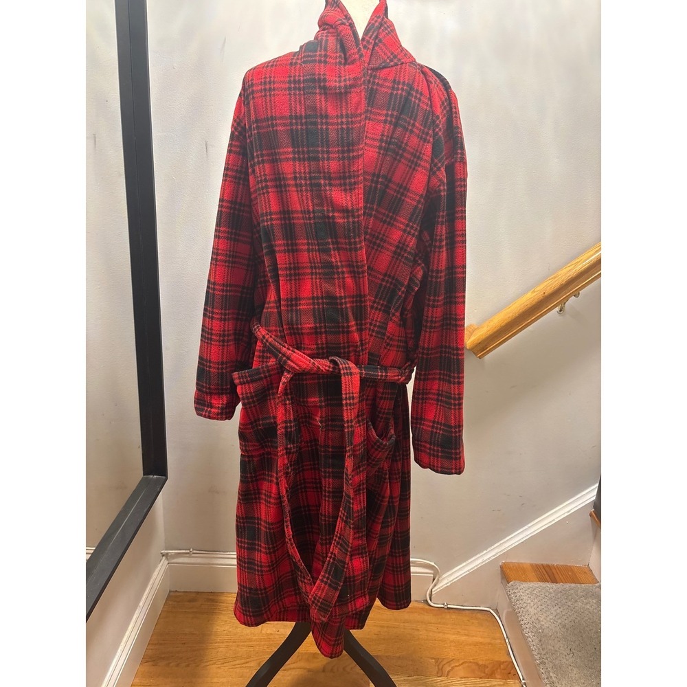 ll bean Plaid Fleece Robe Unisex XL Red Black Buffalo Check Long